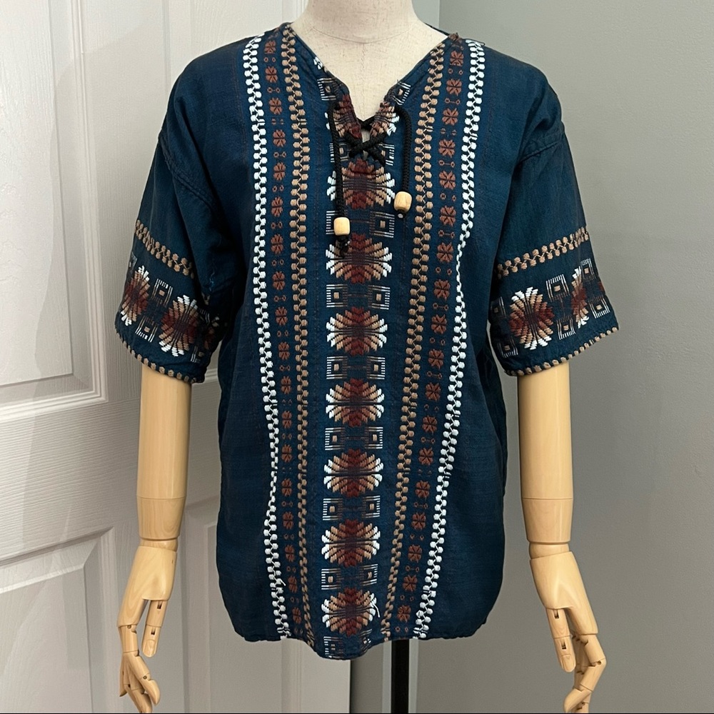 Vintage Embroidered Made in Mexico  Dark Blue Heavy Linen Top - Picture 3 of 16